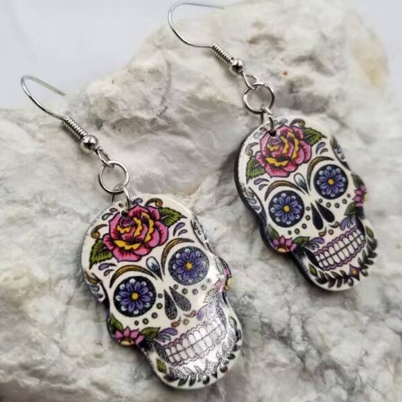 Gothic Flower Sugar Skull Earrings Halloween - Picture 2 of 2